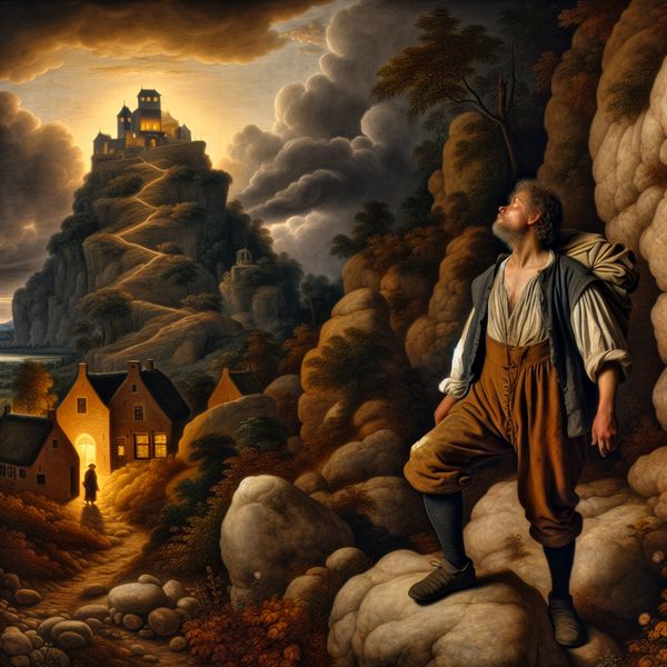 17e-eeuws Nederlands landschap met een persoon die vastberaden omhoogkijkt naar een bergpad, symboliserend zelfgemaakt succes en doorzettingsvermogen