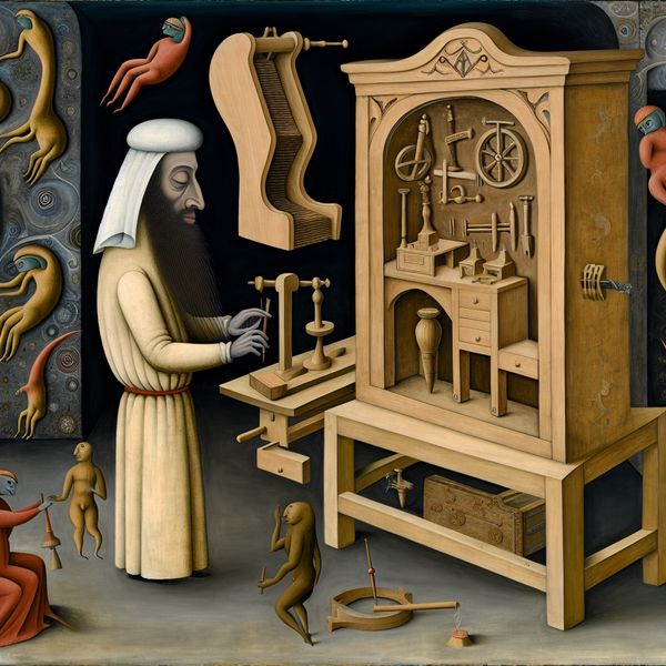 Surrealistisch tafereel in de stijl van Hieronymus Bosch van een ambachtsman die een houten kast zelf maakt, omringd door zwevende fantasiehulpmiddelen en mysterieuze wezentjes