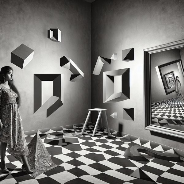 Surrealistisch zelfportret van een jonge vrouw voor een spiegel met optische illusies in de stijl van M.C. Escher, symboliserend zelfreflectie en identiteit