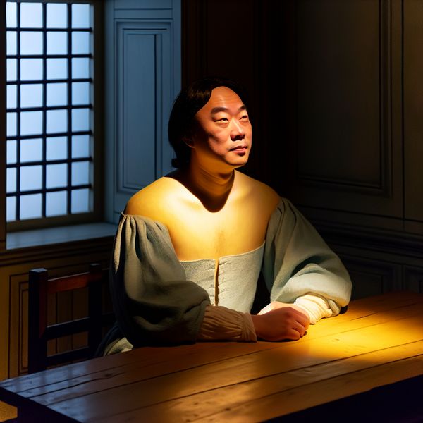 Persoon in stille zelfreflectie aan houten tafel, zacht licht op gezicht, Vermeer-stijl schilderij
