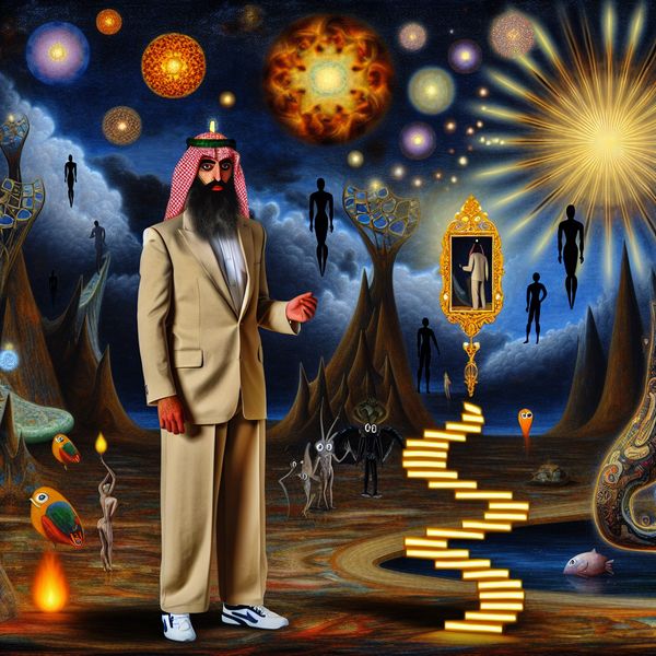 Zelfrespect en eigenwaarde in surrealistische kunst: triomf over negativiteit Surrealistisch kunstwerk in de stijl van Hieronymus Bosch dat zelfrespect en innerlijke kracht uitbeeldt met een persoon omringd door symbolische elementen zoals een lichtkroon en bewonderende wezens