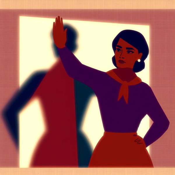 Illustratie van een zelfverzekerde vrouw die met een stopgebaar grenzen aangeeft tegen onrechtvaardige behandeling, symboliserend zelfrespect en trots