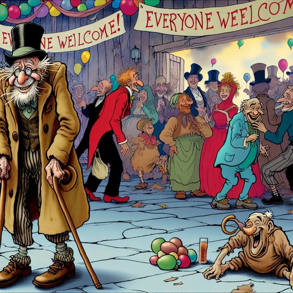 Zelfs de meest onverwachte gasten zijn welkom - Taaluitdrukking met voorbeeld Karikaturale feestscène met diverse personages waar een verraste oudere buurman hartelijk wordt verwelkomd met de tekst 'Iedereen welkom!'