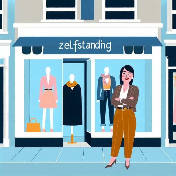 Zelfstandig modeboetiek op drukke straat Een zelfstandige vrouw voor haar kleurrijke modeboetiek op een drukke straat, met armen over elkaar en een trotse glimlach.