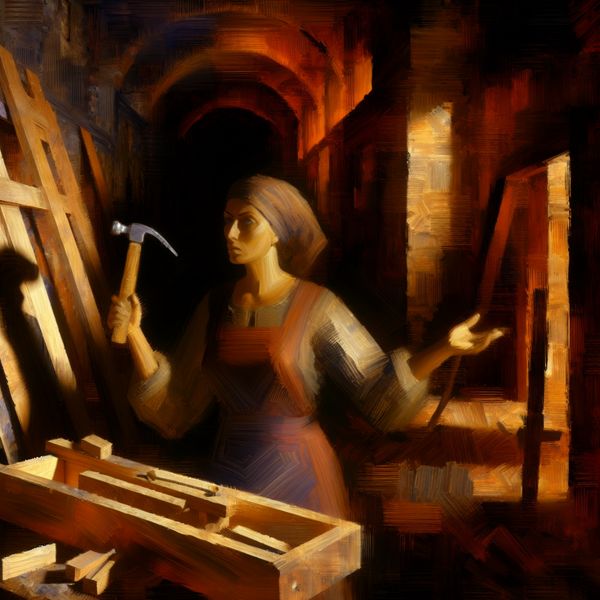 Vrouw in ambachtelijke werkplaats met hamer en bouwtekening, symboliseert zelfstandigheid en eigen kunnen in Rembrandt-stijl