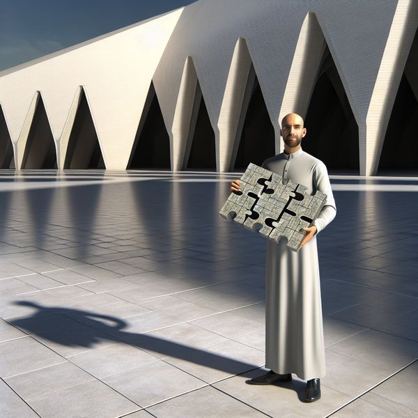 Zelfstandigheid en prestatie in surrealistische setting voor taalonderwijs Eenzame figuur houdt voltooide puzzel vast in surrealistische lege plaza, benadrukt zelfstandigheid en prestatie zonder hulp