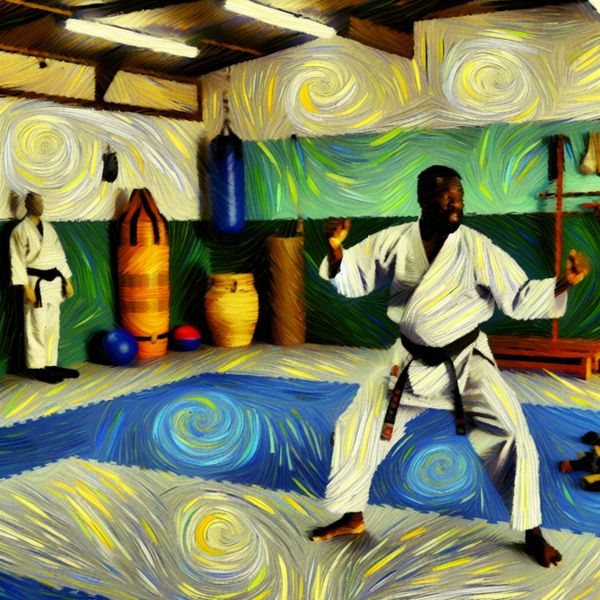 Zelfverdediging Training in een Dojo Martial artist practicing self-defense techniques in a dojo, wearing a traditional gi
