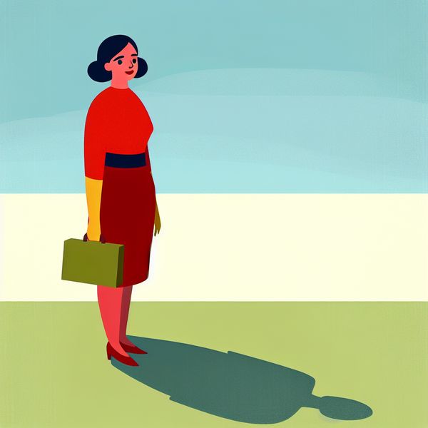 Zelfvertrouwen op de eerste werkdag - Minimalistische illustratie voor taalonderwijs Minimalistische illustratie van een jonge vrouw die zelfverzekerd haar eerste werkdag begint, met een felgekleurd outfit en een kleine aktetas, symbool voor zelfvertrouwen en prestatie
