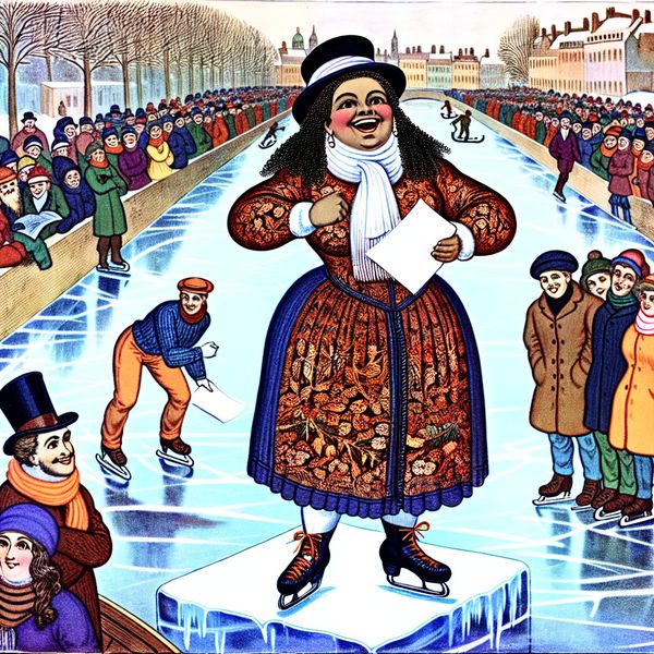Zelfvertrouwen tonen tijdens winterpresentatie - Taal leren persoonlijkheidskenmerken Jonge vrouw houdt zelfverzekerd presentatie op ijs podium tijdens levendige wintermarkt op bevroren kanaal in stijl van Hendrick Avercamp