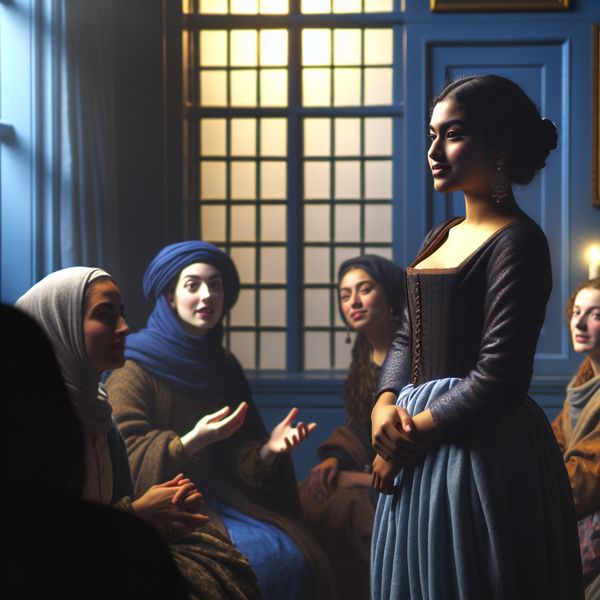 Zelfvertrouwen in sociale interactie: rustige conversatie in Vermeer-schilderij Jonge vrouw toont zelfvertrouwen tijdens een gesprek in een rustige, verlichte kamer in Vermeer-stijl