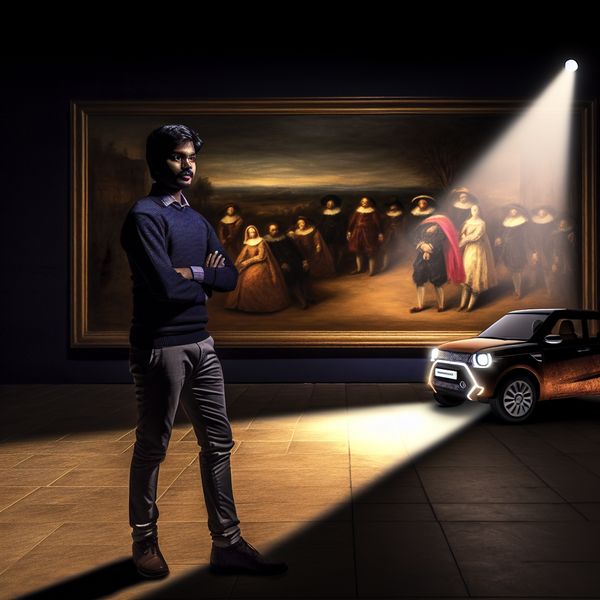 Een persoon staat zelfverzekerd naast een elegante auto met een spotlight erop, met een dramatische achtergrond in aardetinten.
