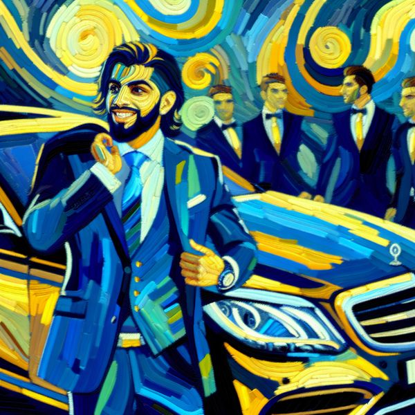 Zelfverzekerde persoon naast luxe auto Een zelfverzekerd persoon staat trots naast een luxe auto, omringd door vrienden die hun rijkdom bewonderen.