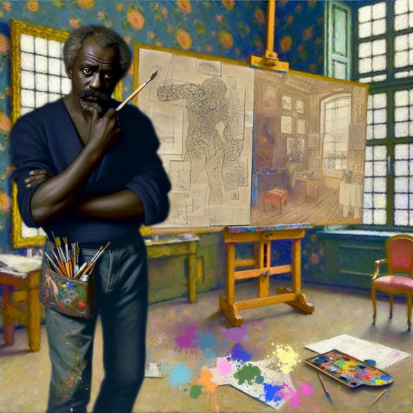 Creatief portret van een zelfverzekerd kunstenaar Portret van een zelfverzekerd persoon met een penseel voor een canvas vol schetsen en blauwdrukken in een kleurrijke studio