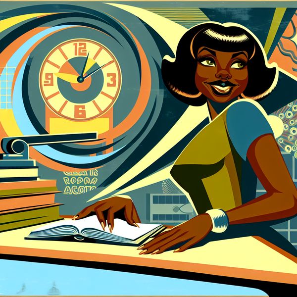 Zelfverzekerde studente klaar voor examen in retro-futuristische setting Een zelfverzekerde jonge vrouw zit aan een strak bureau met een glimlach, klaar om haar examen te maken; een klok op de achtergrond geeft de tijd van het examen aan.