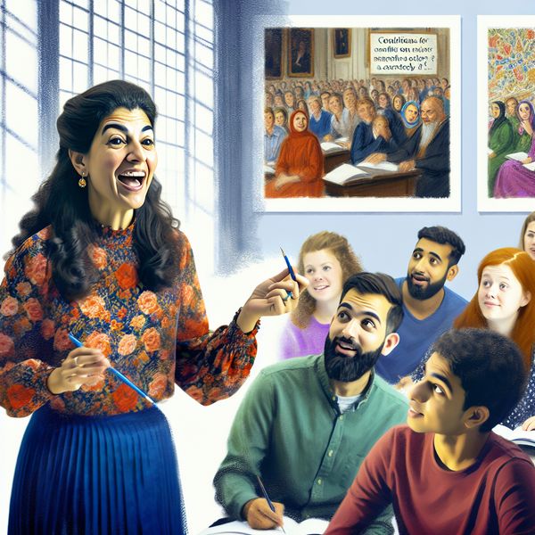 Zelfverzekerde student uitlegt in de klas Een zelfverzekerde studente legt haar antwoord uit aan de leraar en klasgenoten, wijzend naar een poster over de voorwaarden voor een juiste beantwoording.