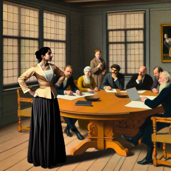 Een zelfverzekerde vrouw spreekt tijdens een formele vergadering aan een houten conferentietafel, omringd door knikkende collega's in een verlichte ruimte.