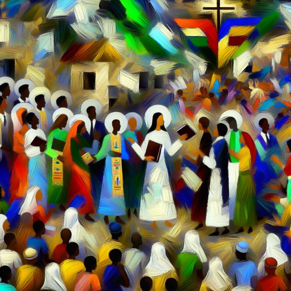 Zending en missionarissen: abstracte voorstelling van geloofsverspreiding Abstract expressionistisch schilderij van missionarissen die het christendom verspreiden in een dynamische compositie met felle kleuren en symbolische elementen zoals kruisen en bijbels