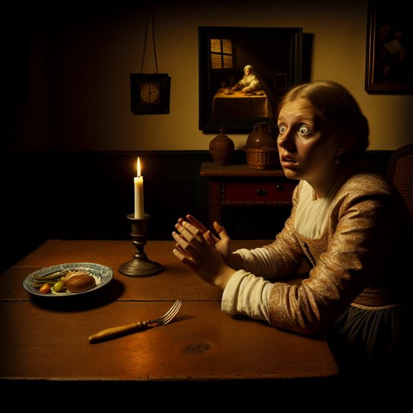 Jonge vrouw in 17e-eeuwse setting, zichtbaar zenuwachtig en gespannen aan tafel met kaarslicht, voorbereidend op een examen of sollicitatie