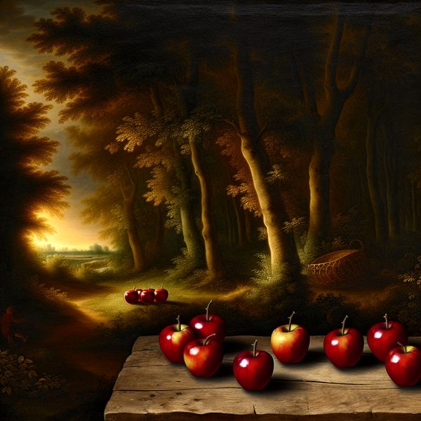 Zes appels tellen in schilderij van Jacob van Ruisdael - Nederlands leren rekenen Zes glanzende rode appels op een houten tafel in een zonnig bos, geschilderd in 17e-eeuwse Hollandse stijl, met een kinderhand die telt