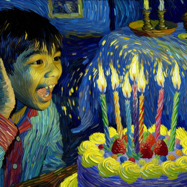Zes jaar oud kind viert verjaardag met taart en kaarsjes in Van Gogh schilderstijl Jong kind blaast zes kaarsjes uit op een kleurrijke verjaardagstaart in Van Gogh-stijl, zesde verjaardag viering