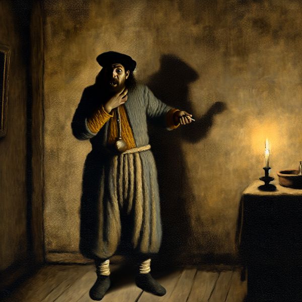 Persoon in Rembrandt-stijl met kaarslicht, gefrustreerd en verward een vergeten voorwerp vasthoudend, illustratie van informeel Nederlands scheldwoord 'zes' voor dom of onhandig persoon