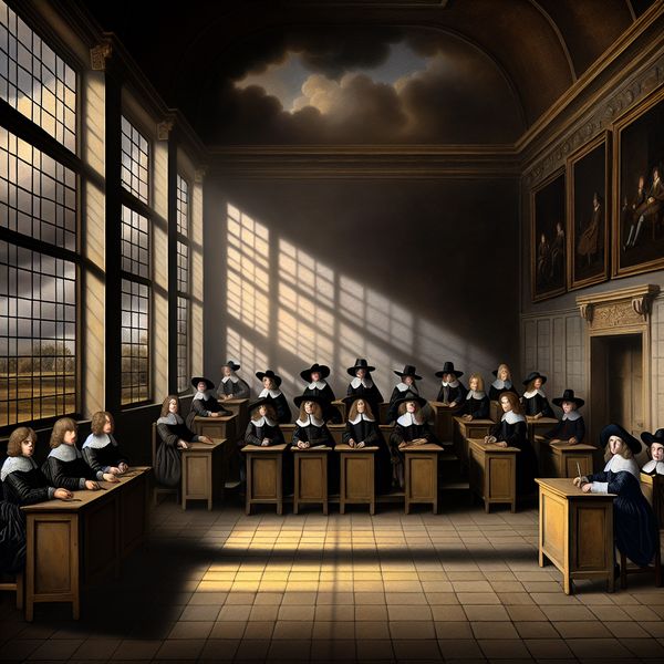 Zestien leerlingen in historische klas: leren tellen en aantallen aangeven 17e-eeuwse Nederlandse klas met zestien leerlingen in historische kleding, zittend aan houten banken in een klaslokaal met dramatisch licht en wolkenlucht buiten