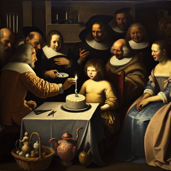 Zestiende verjaardag viering in 17e-eeuws Hollands schilderij - leeftijd noemen Nederlands Jongeman viert zijn zestiende verjaardag in een 17e-eeuws Hollands interieur met familie, een taart met één kaars vasthoudend