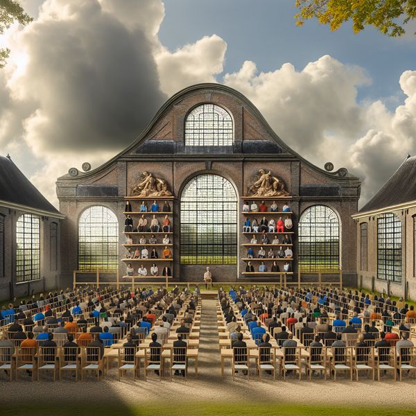 17e-eeuwse Nederlandse landschapsschildering van een grote aula met zestig studenten in rijen van tien, zichtbaar door grote boogramen, met dramatisch licht en realistische details