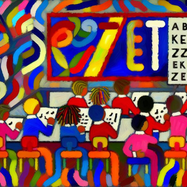 ZET afkorting in het klaslokaal - kleurrijke leeromgeving Een levendig, abstract klaslokaal met een kleurrijk poster waarop het woord 'ZET' prominent is weergegeven, omringd door diverse, enthousiaste studenten van verschillende leeftijden en etniciteiten die leren met educatief materiaal.
