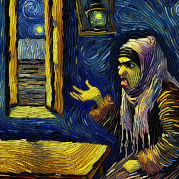 Illustratie van zeuren in Van Gogh-stijl: ontevreden persoon klaagt over regen Persoon die zeurt aan een houten tafel in een gezellige kamer met Van Gogh-stijl, ontevreden gezichtsuitdrukking en regen buiten