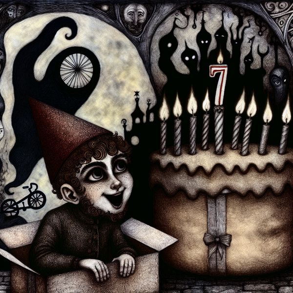 Verjaardag van een zevenjarige jongen met taart en symboliek Illustratie van een zevenjarige jongen op zijn verjaardag bij een grote taart met zeven kaarsen, omringd door schimmige figuren die verschillende leeftijden voorstellen.