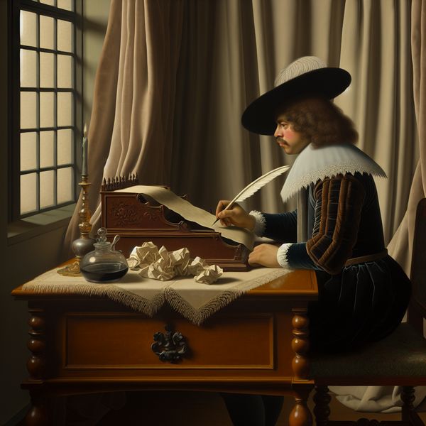 Een persoon in 17e-eeuwse kleding schrijvend aan een houten bureau met een ganzenveer, omgeven door delicate stoffen.