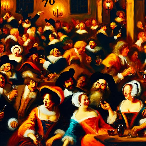 17e-eeuwse Nederlandse banketzaal met zeventig mensen in levendige gesprekken en feestelijke activiteiten, geschilderd in de dynamische stijl van Frans Hals