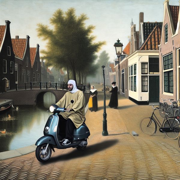 Zich voortbewegen op een scooter in een schilderachtige Nederlandse straat - Vermeer stijl Persoon rijdt ontspannen op een scooter door een rustige Nederlandse straat in de stijl van Vermeer, met zachte belichting en historische details