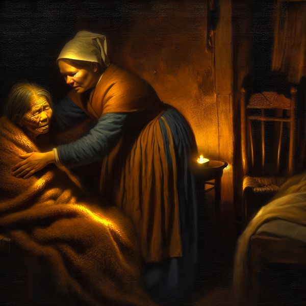 Zorgen maken om een familielid - emotionele zorgtafereel in Rembrandt-stijl Middelbare vrouw toont tedere zorg voor haar oude moeder in een warm verlicht interieur, symboliserend zich zorgen maken om een dierbare