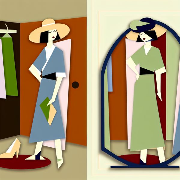 Minimalistische illustratie van een jonge vrouw die zichzelf bewondert in de spiegel terwijl ze zich chic kleedt in een elegante jurk, hoge hakken en een stijlvolle hoed