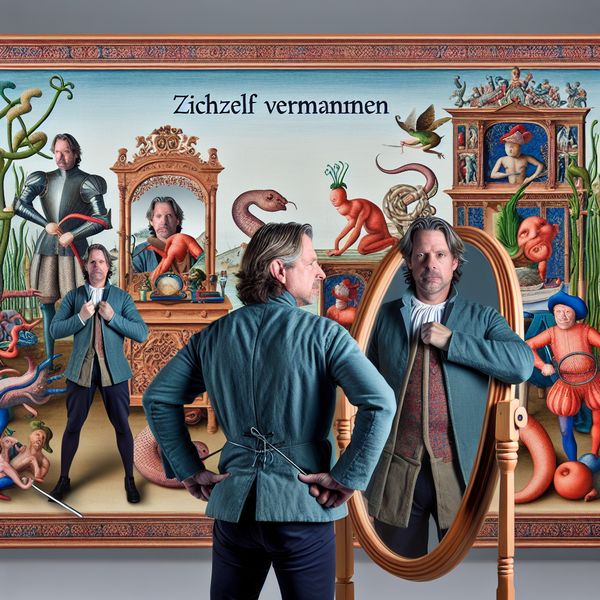 Een man bereid zich voor op een moeilijke conversatie voor een grote, versierde spiegel, omringd door bizarre wezens die zijn angsten representeren.