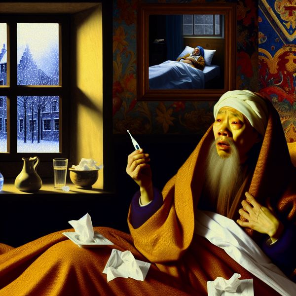 Ziek met griep in een rijk gedecoreerde kamer Ziek persoon in bed met griep symptomen zoals koortsige huid en pijnlijke uitdrukking, met thermometer in hand en omgeving vol spullen zoals water en tissues.