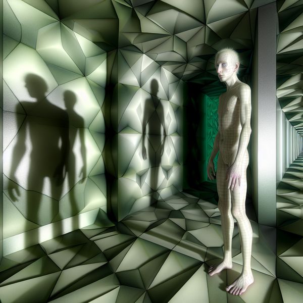 Ziek en zwak uiterlijk in surrealistische Escher-stijl met optische illusies Surrealistische voorstelling van een zwak en ziek persoon in een onmogelijke gang, geïnspireerd op M.C. Escher, met een bleke, bijna doorschijnende huid en vervagende schaduwen