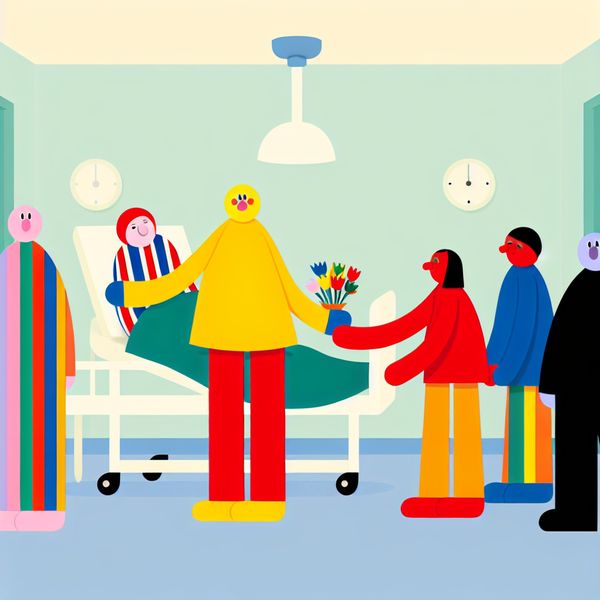 Ziekenbezoek illustratie - vriendelijk ziekenhuisbezoek met cadeaus en bloemen Minimalistische illustratie van een gezellig ziekenbezoek met vrolijke figuren rond een patiënt in een pastelkleurige ziekenhuiskamer