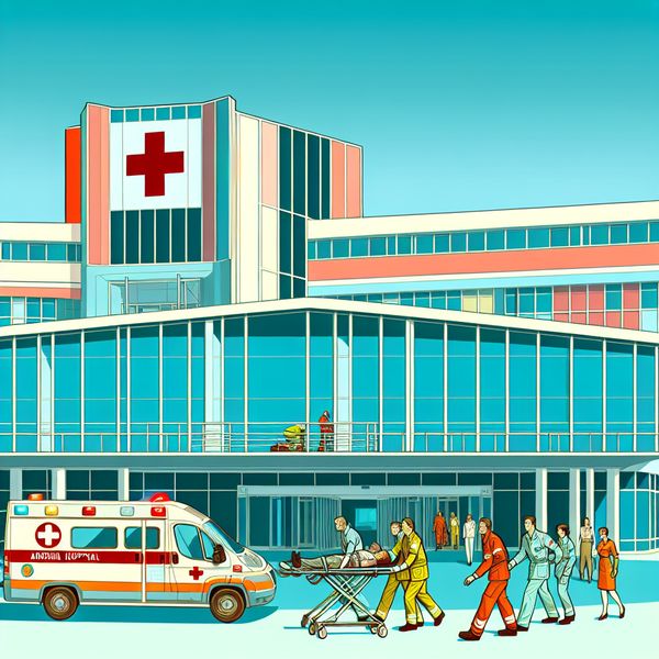 Ziekenhuisopname patiënt: moderne retro-illustratie van ambulance en spoedzorg Retro-futuristische illustratie van een ambulance die een gewonde patiënt naar de ziekenhuisopname brengt, met paramedici en een rood kruis symbool