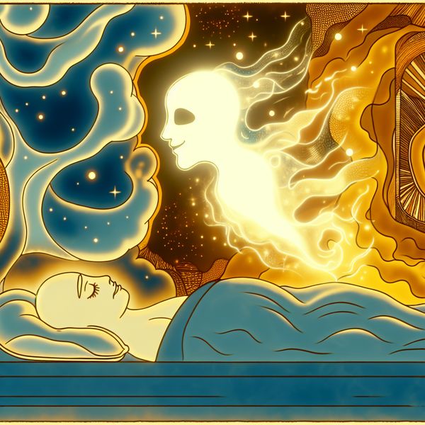 Een ziel als gloeiende, etherische figuur stijgt op uit een slapend lichaam in een dromerige cartoonstijl, symboliserend het leven na de dood