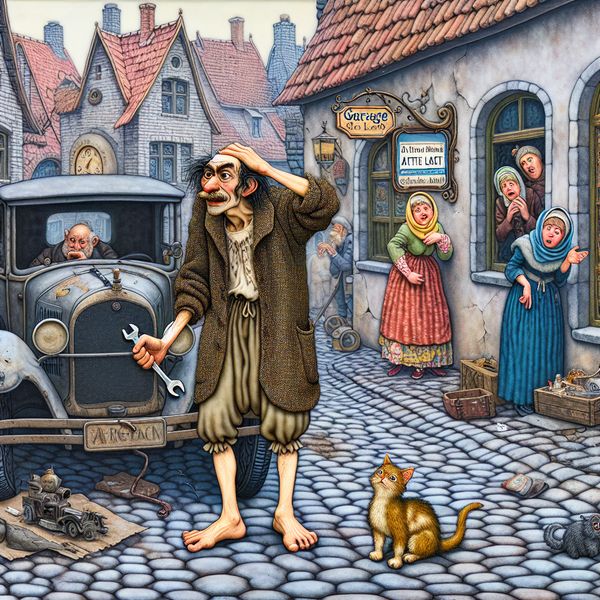 Illustratie van een zielig persoon met pech: nostalgische scène met oude auto en humoristische details Kleine, haveloze figuur met een oude auto op een nostalgische straat, omringd door geamuseerde omstanders en een kat, in de stijl van Anton Pieck
