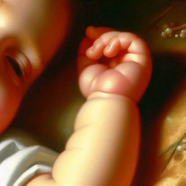 Dichtbij portret van een serene baby met zijdezachte huid, geïnspireerd op de schilderstijl van Frans Hals, benadrukt de aangename aanraking