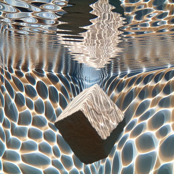 Surrealistisch beeld van een zinkende steen in een vijver Een surrealistisch beeld van een grote steen die in een heldere vijver zinkt, omringd door golven en geometrische patronen.