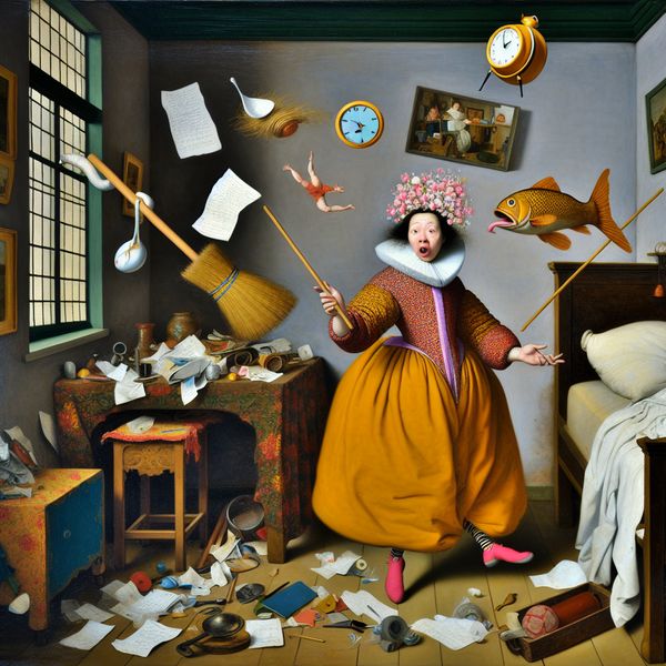 Zinloos gedrag in schilderijstijl van Frans Hals - onzin en absurditeit Schilderij in de stijl van Frans Hals van een persoon die zinloos gedrag vertoont door voorwerpen zoals een bezem, vis en klok te jongleren in een rommelige kamer