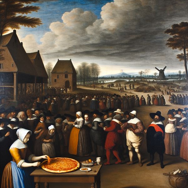 Nederlandse schilderkunst met marktscène en pizza: onbepaalde hoeveelheid 'zo'n' leren 17e-eeuws Nederlands landschapsschilderij met markttafereel en een grote pizza op een houten tafel, omringd door ongeveer twintig mensen in de rij, ter illustratie van onbepaalde hoeveelheden zoals 'zo'n'