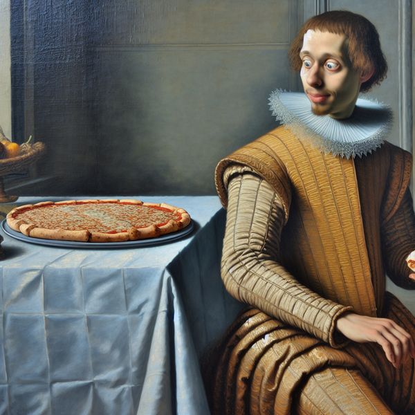 Indefiniete hoeveelheid pizza - Nederlands leren met klassieke schilderkunst Schilderij in de stijl van Gerard ter Borch van een elegante persoon die gretig naar een hele pizza kijkt, met aandacht voor texturen en zachte kleuren