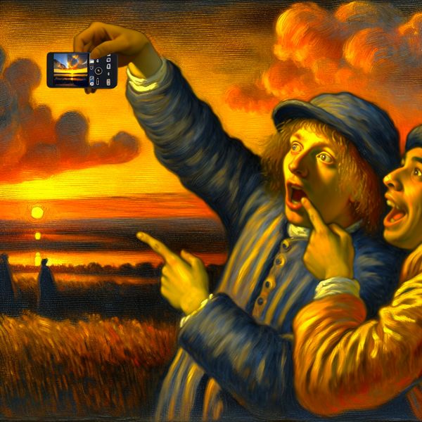 Zo'n smartphone - Vergelijkbare objecten leren in het Nederlands met schilderkunst Twee vrienden bewonderen een uniek ontworpen smartphone tijdens een gouden zonsondergang, illustrerend het concept 'zo'n' of 'een dergelijk' voor taalonderwijs