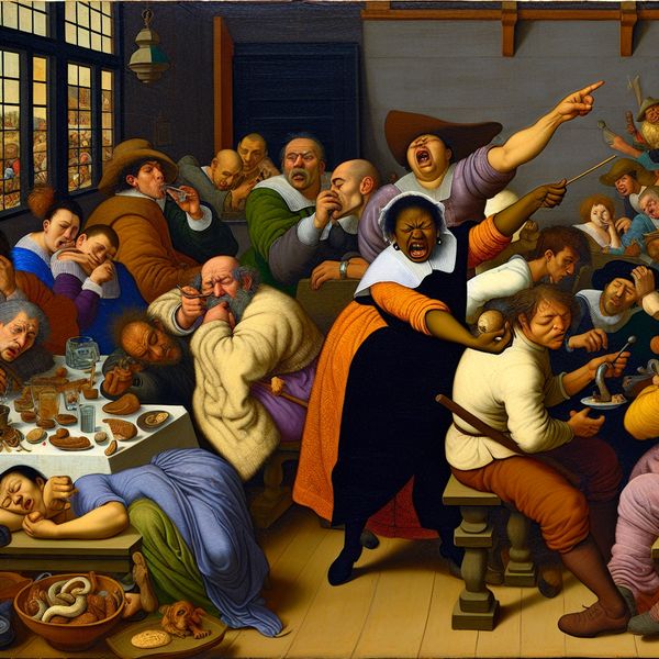 Chaotische teamvergadering in de stijl van Jan Steen, illustrerend het informele 'zo'n soort' met mensen die niet meedoen